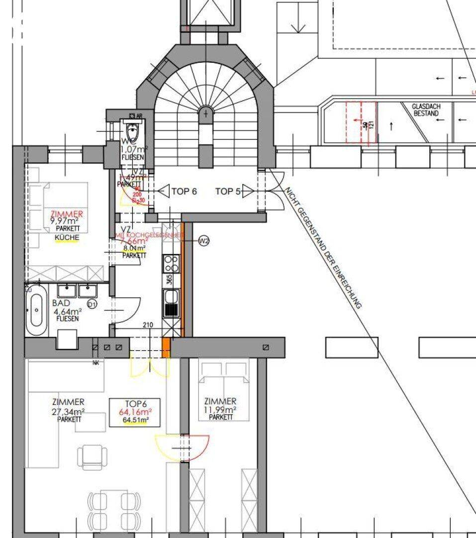 Detaillierter Grundriss der Wohnung Top 6 mit Küche, Bad und mehreren Zimmern, inklusive Bodenbelagsangaben.