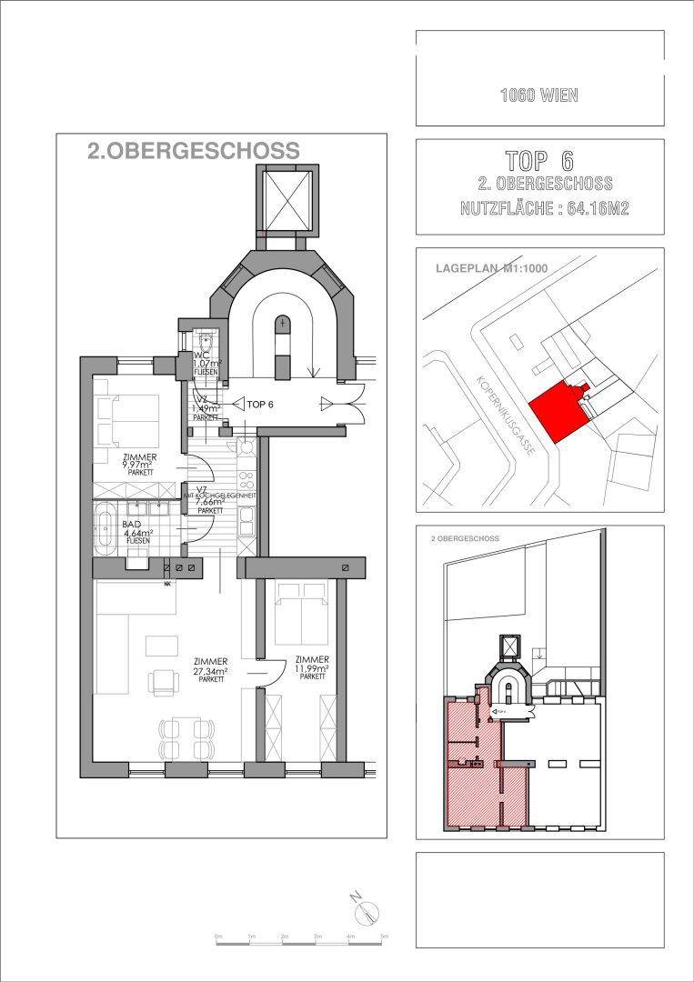 Grundriss des 2. Obergeschosses, Top 6, mit 64.16m² Nutzfläche, inklusive Lageplan und Gebäudeschnitt.