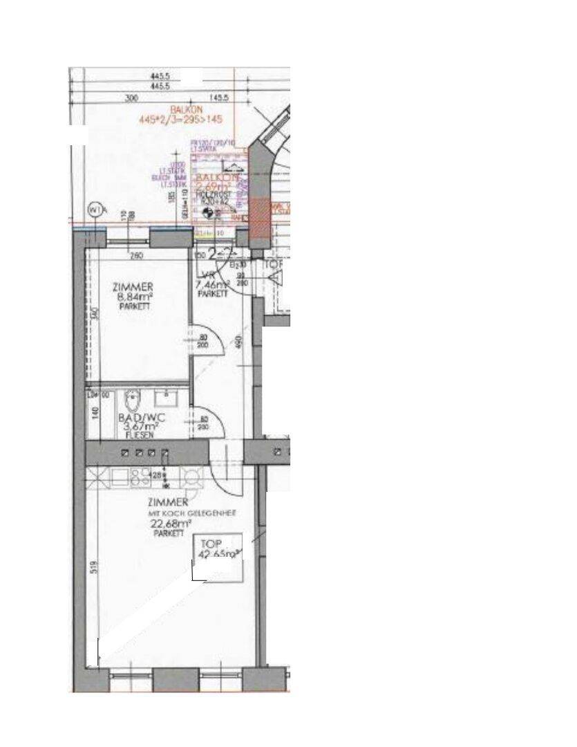 Grundriss einer Wohnung mit zwei Zimmern, Bad und Balkonzugang.