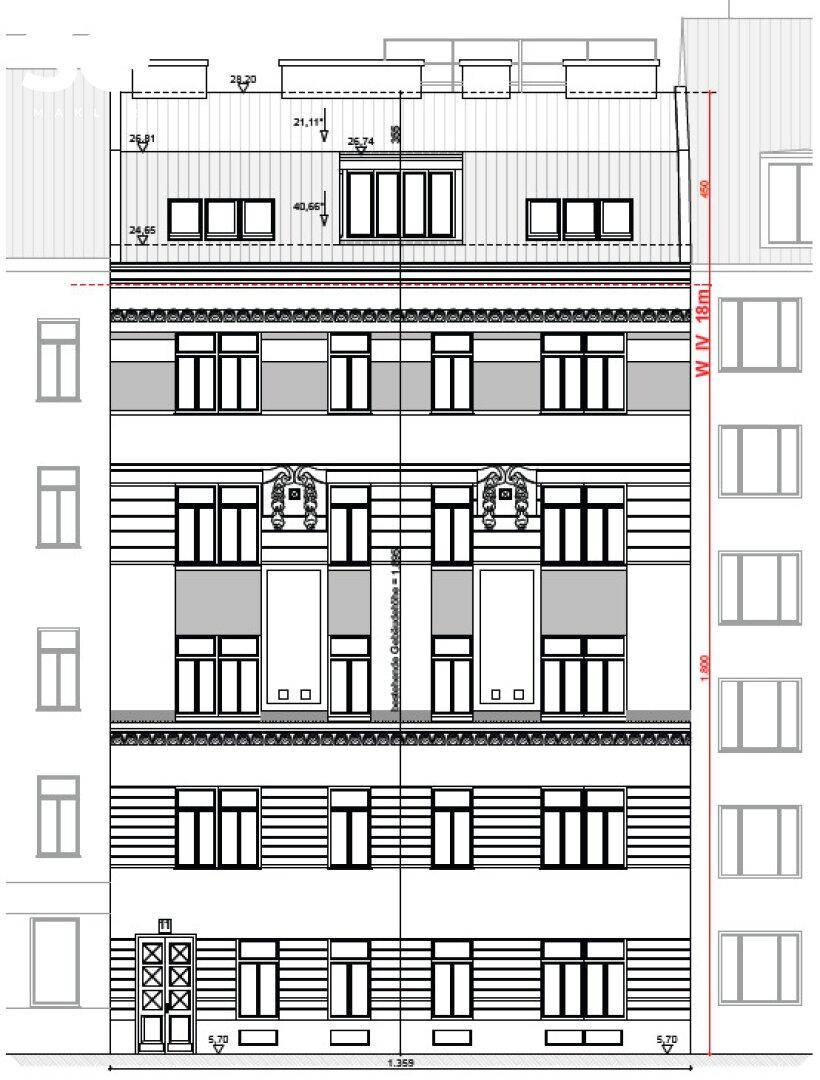 Architektonische Zeichnung der Gebäudefassade mit Details zu Fenstern und Dachaufbau.