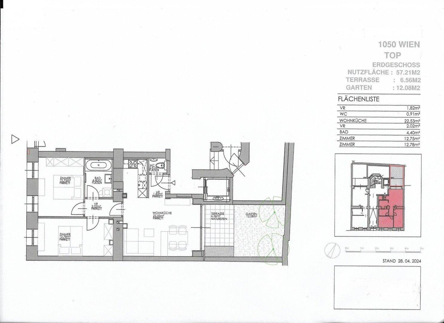 Detaillierter Grundriss einer Erdgeschosswohnung mit Terrasse und Gartenbereich.