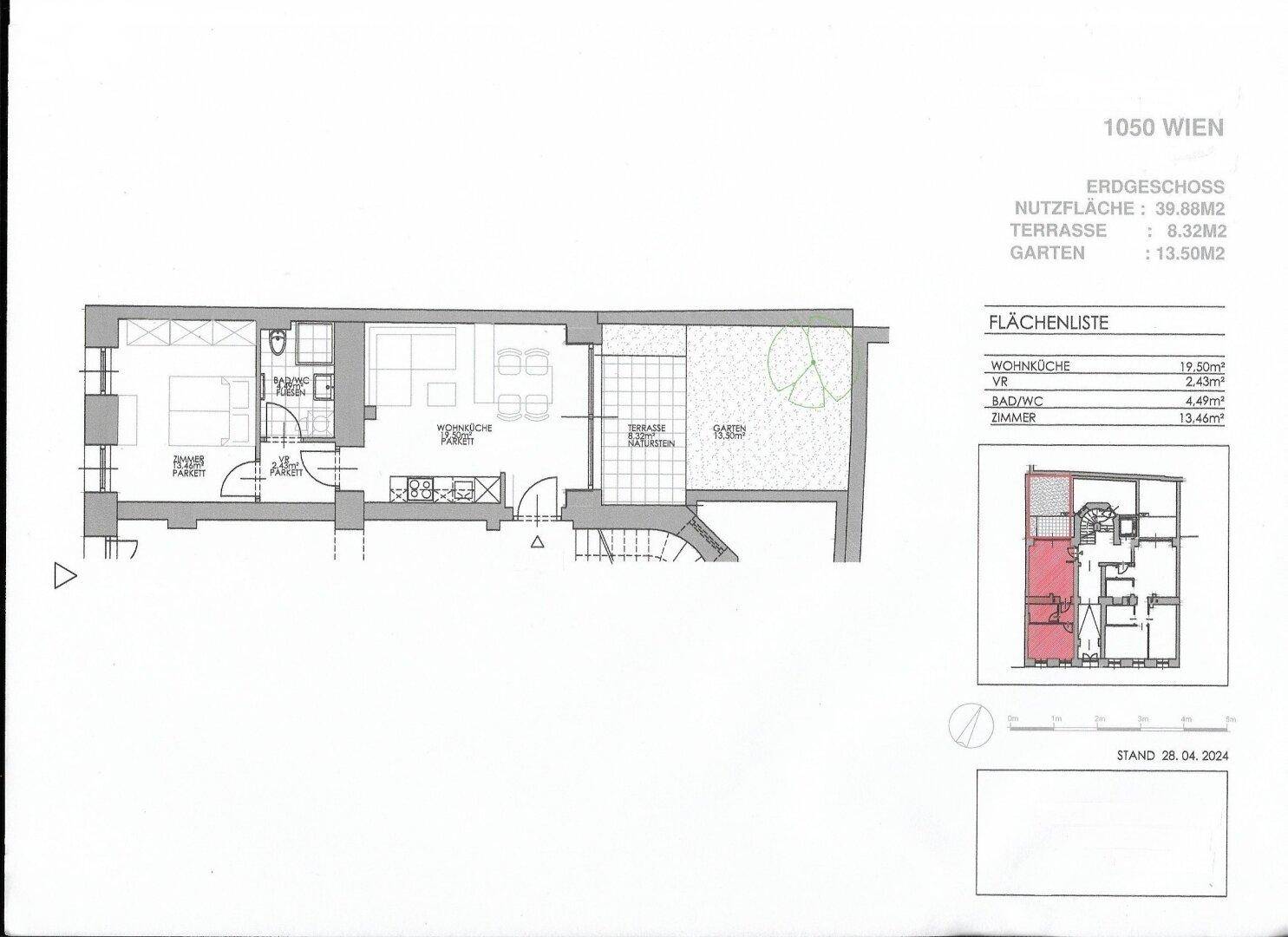 Grundriss des Erdgeschosses mit Wohnküche, Bad/WC, Zimmer und Zugang zu Terrasse und Garten.