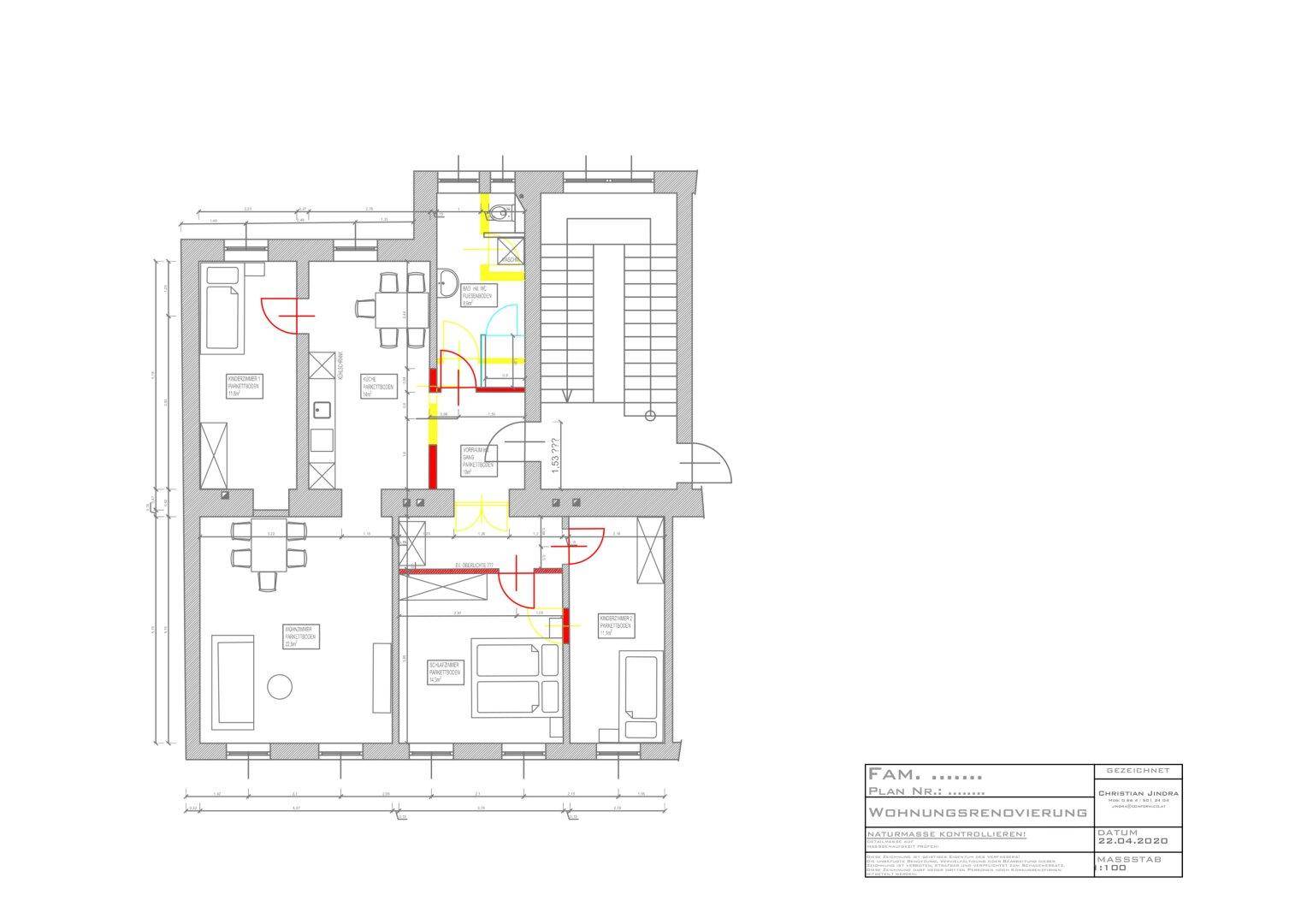 Grundriss einer Wohnung mit mehreren Zimmern und klarem Layout für eine Renovierung.