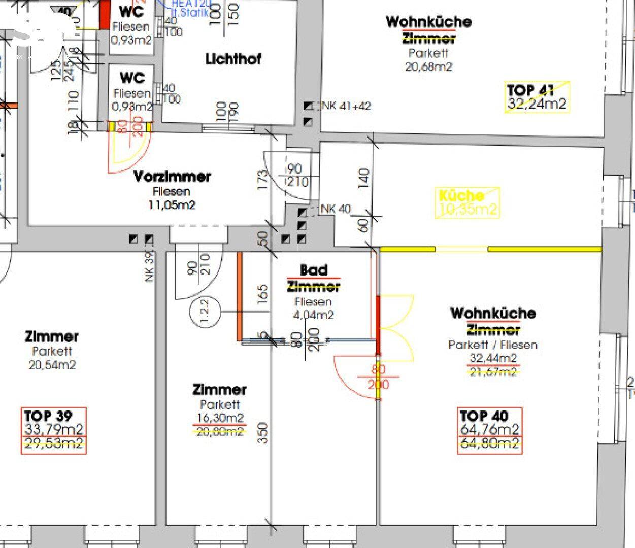 Grundriss mit mehreren Zimmern, Bädern und WCs, inklusive Flächenangaben.