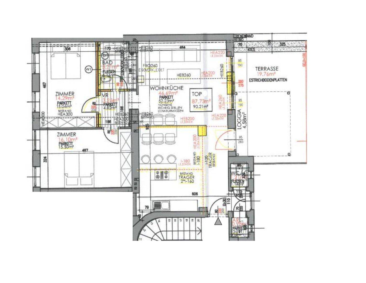 Detaillierter Grundriss der Wohnung mit Wohnküche, zwei Zimmern und großer Terrasse.