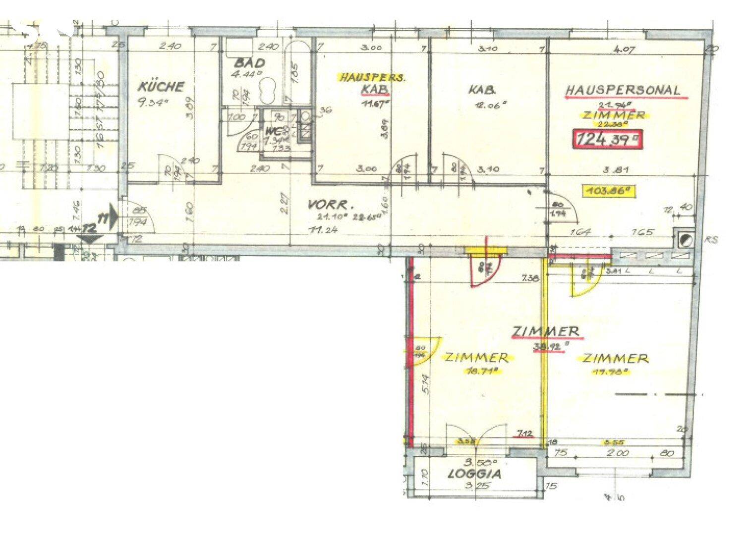 Grundriss der Wohnung mit mehreren Zimmern, Bad, Küche und Loggia.
