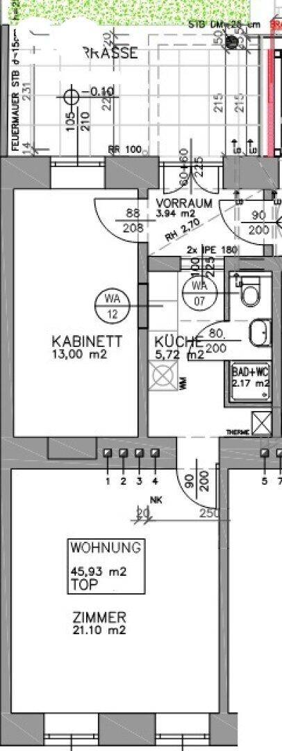 Grundriss einer Wohnung mit Zimmer, Kabinett, Küche und separatem Bad/WC.