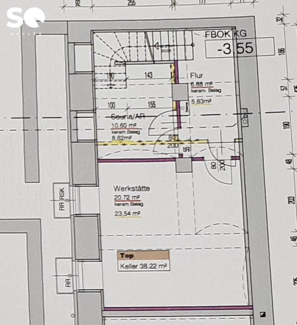 Grundriss des Kellergeschosses mit Flur, Sauna, Werkstatt und zusätzlichem Abstellraum.