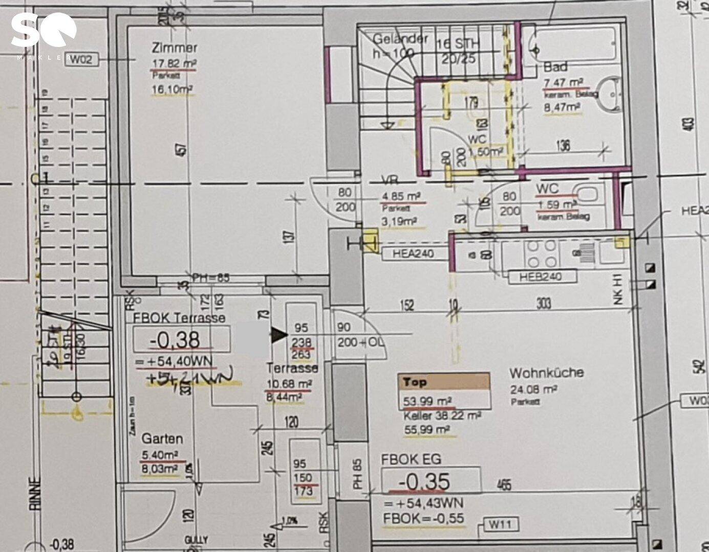 Grundriss des Erdgeschosses mit offener Wohnküche, Zimmer, Bad, Terrasse und Gartenbereich.