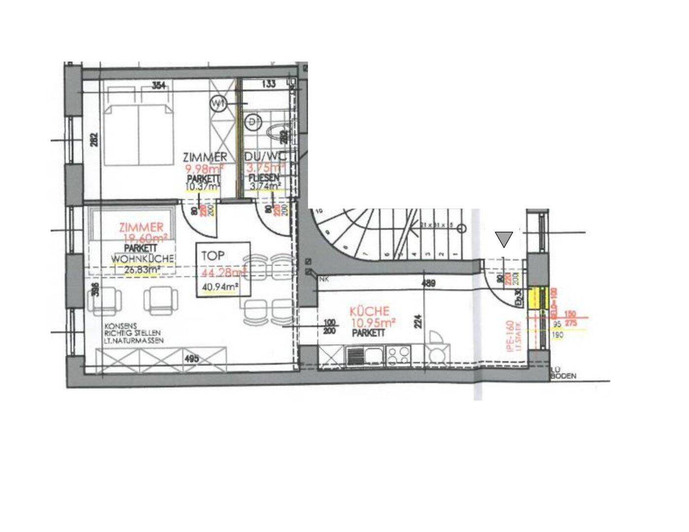 Detaillierter Grundriss einer Wohnung mit zwei Zimmern, offener Küche und zwei Bädern.