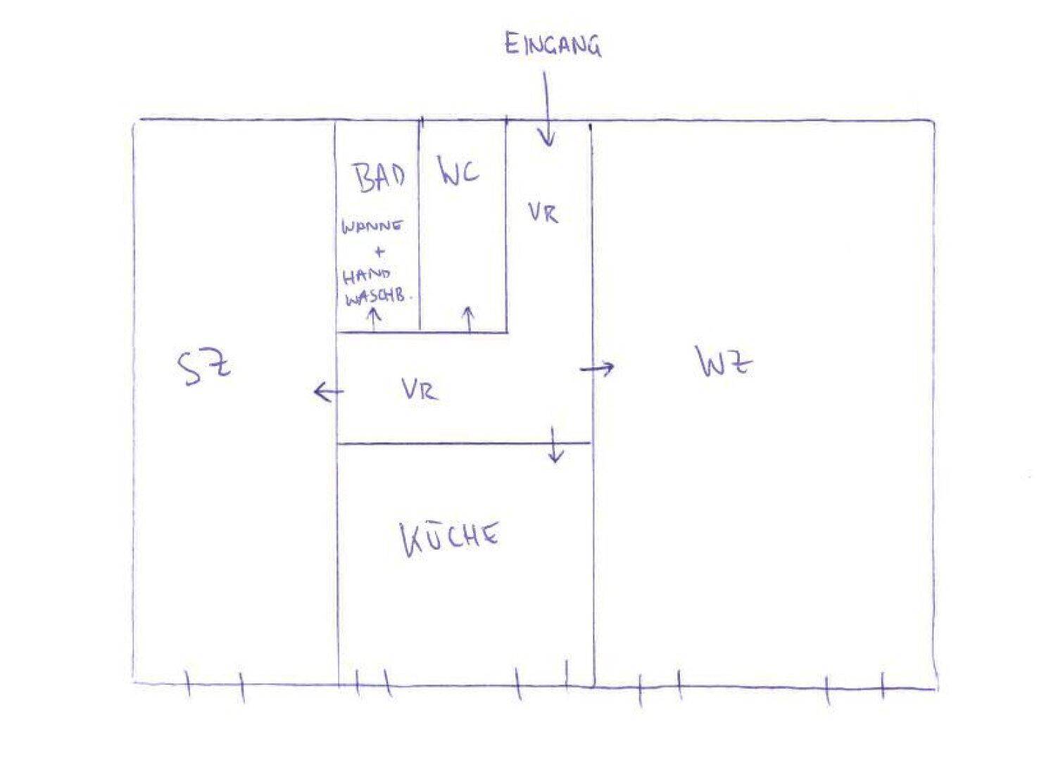 Handgezeichneter Grundriss der Wohnung mit Aufteilung in Wohnzimmer, Schlafzimmer, Küche, Bad und WC.