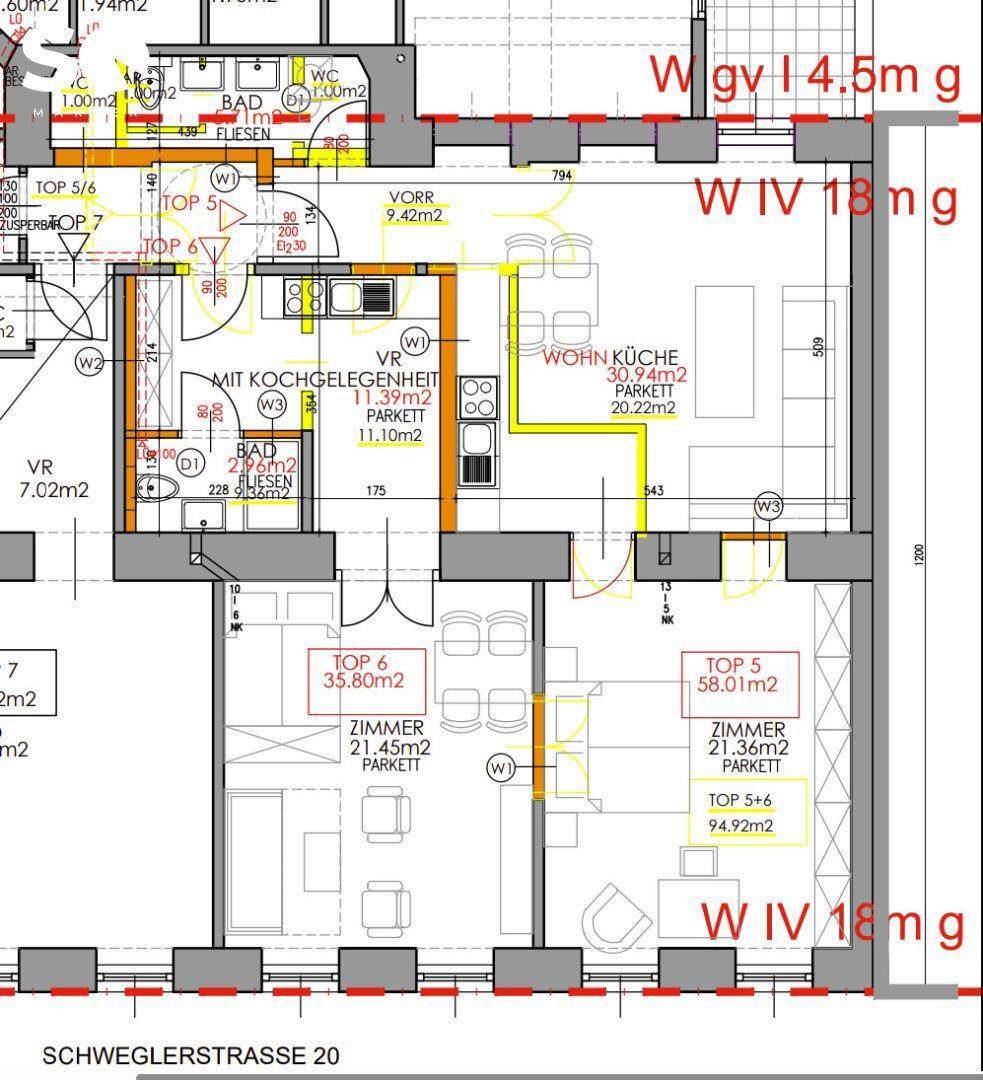 Detaillierter Grundriss einer Wohnung mit mehreren Zimmern, Küche und Bädern.