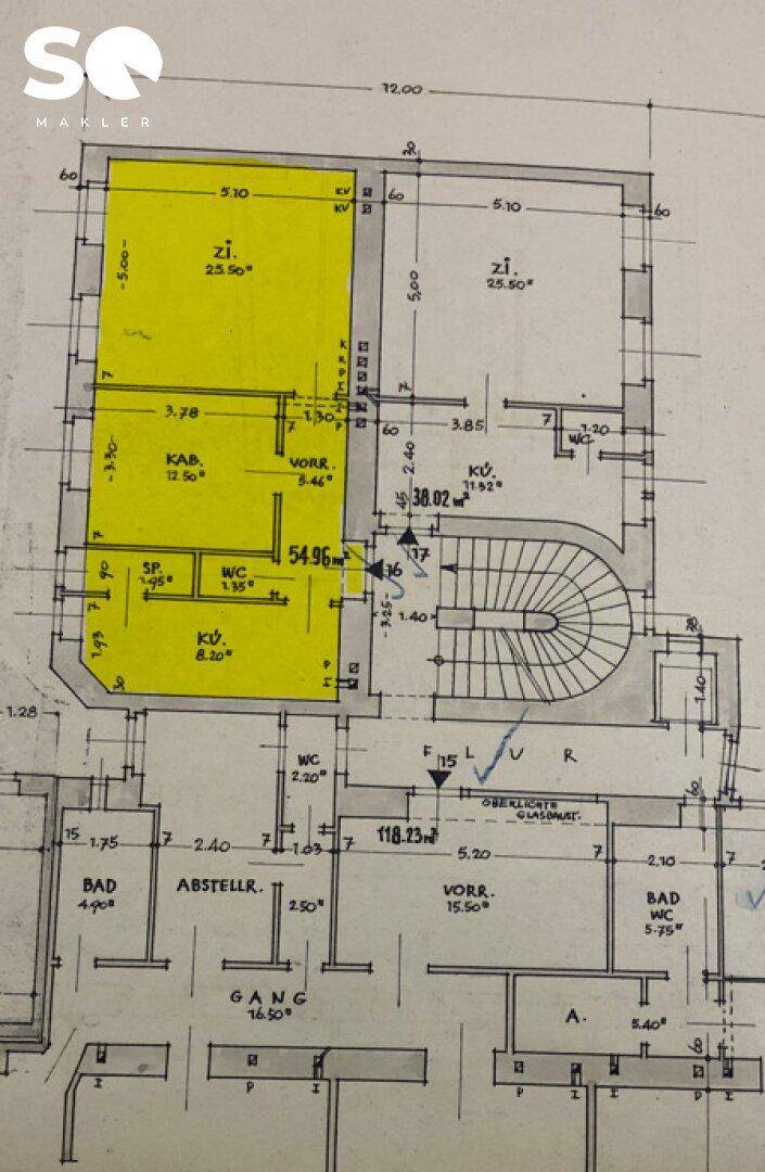 Grundriss einer Wohnung mit hervorgehobenen Bereichen, Zimmern, Bad und WC.