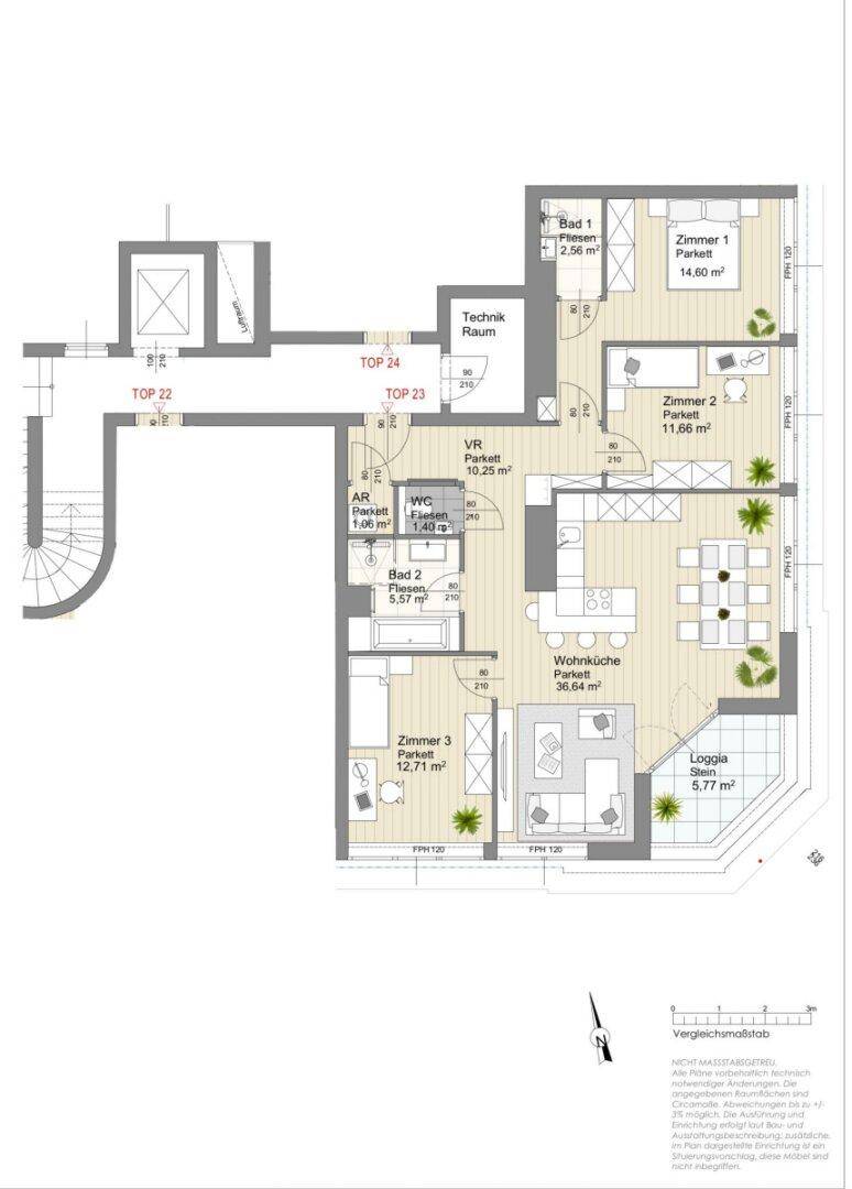 Detaillierter Grundriss einer Wohnung mit drei Zimmern, zwei Bädern, Wohnküche und Loggia.
