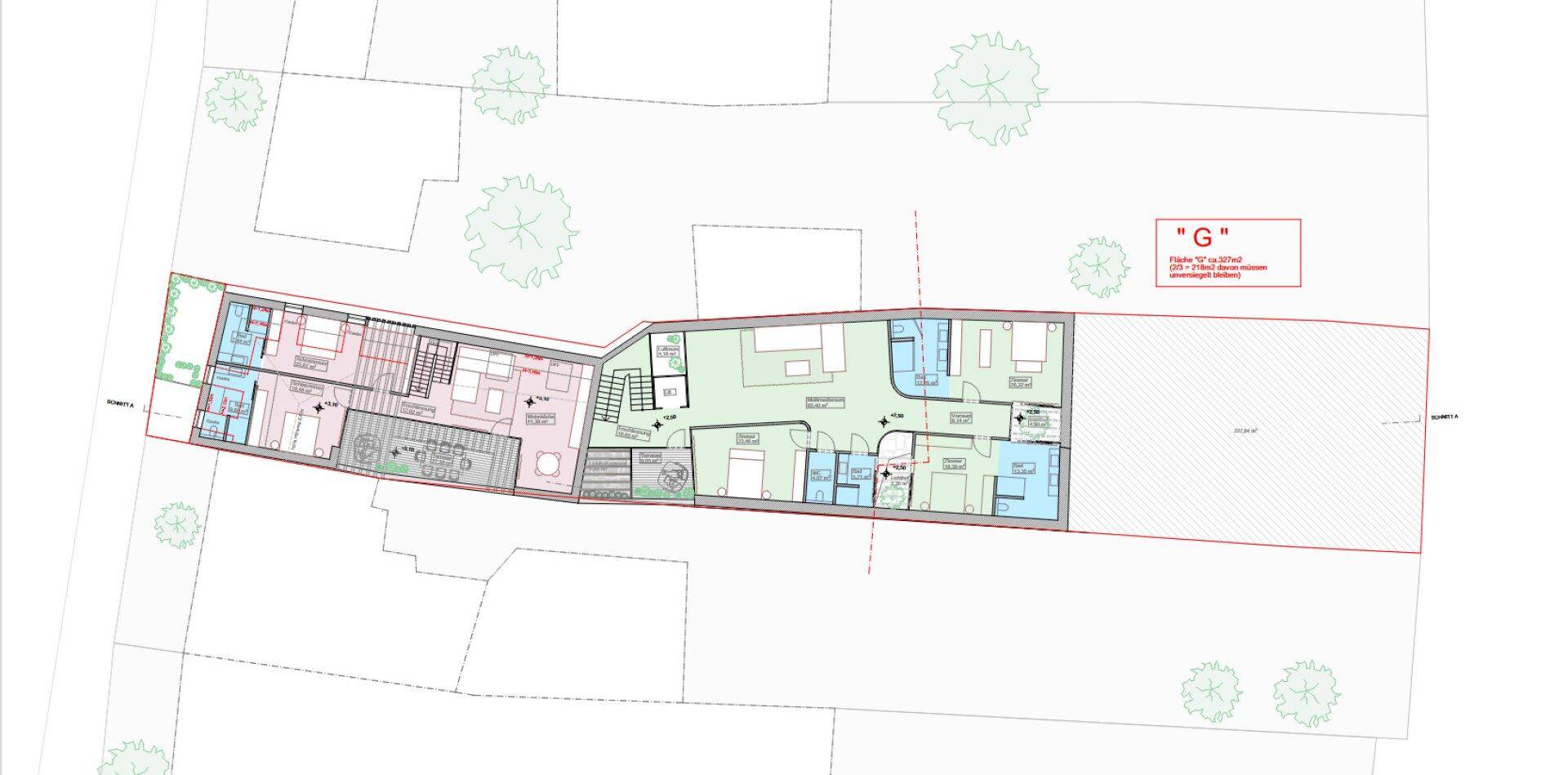 Grundriss eines Obergeschosses mit Schlafzimmern und Bädern, detailliertem Raumlayout und Balkonzugang.