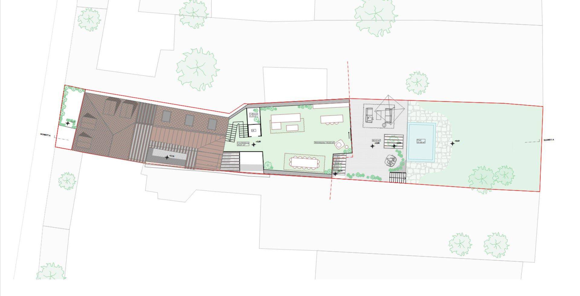 Grundriss der Hauptebene mit offenem Wohnbereich, Küche und Außenbereichen inklusive Pool und Terrasse.