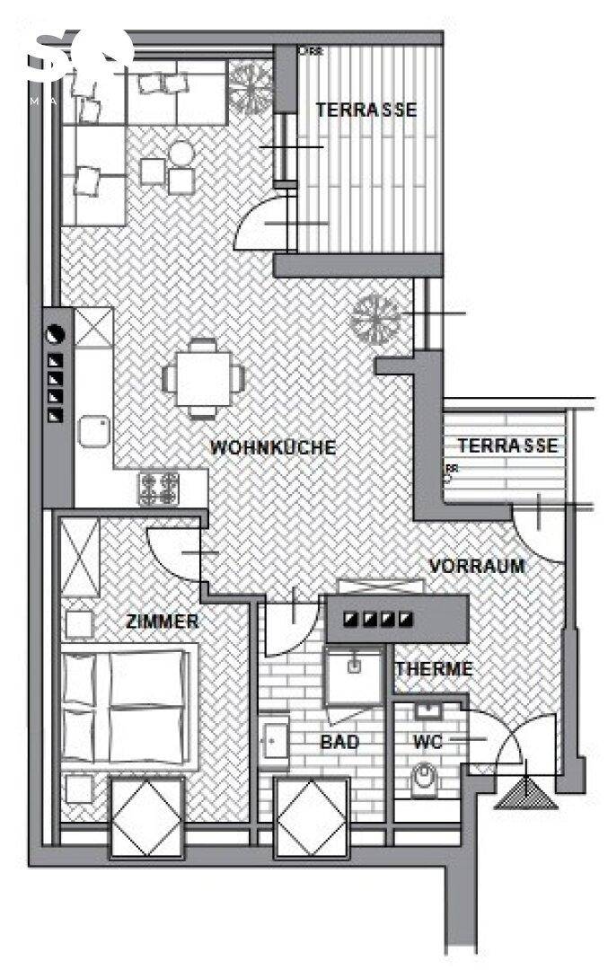 Grundriss einer Wohnung mit Wohnküche, Schlafzimmer, Bad, WC und zwei Terrassen.