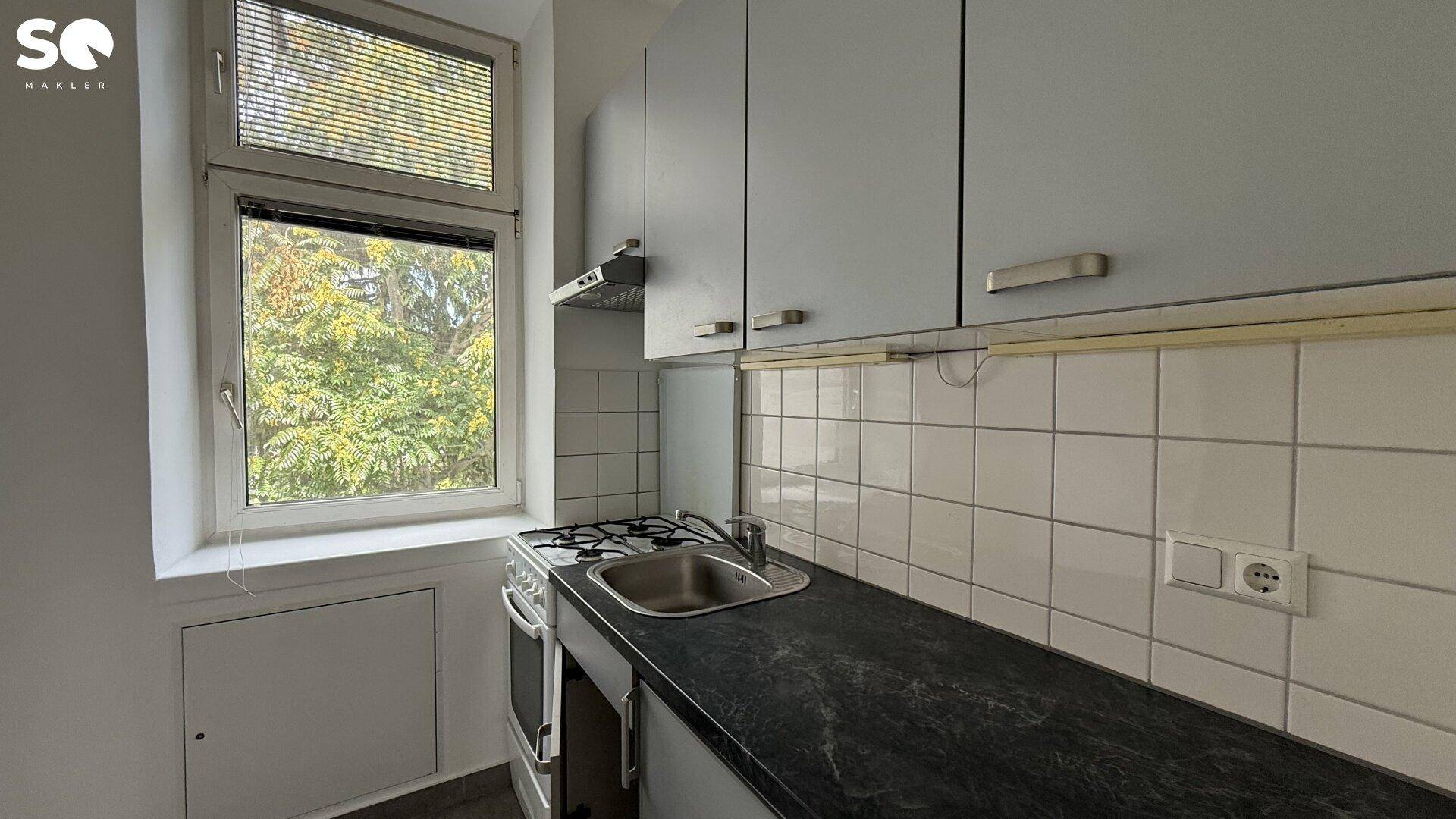 Kompakte Küche mit grauen Schränken, Gasherd und Fenster mit Blick ins Grüne.