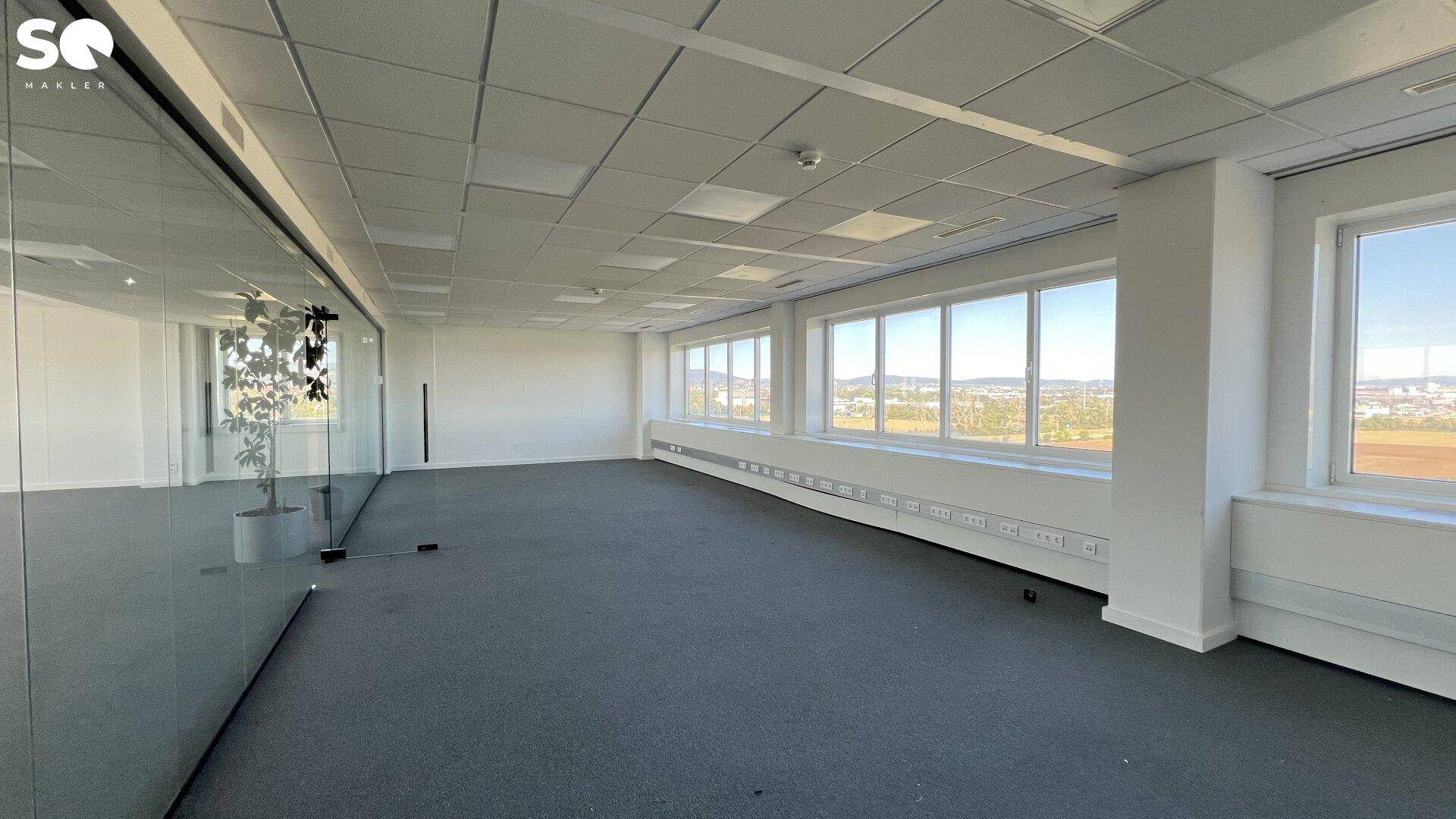 Heller Büroraum mit Teppichboden, Glaswänden und einer Reihe von Fenstern mit Panoramablick.