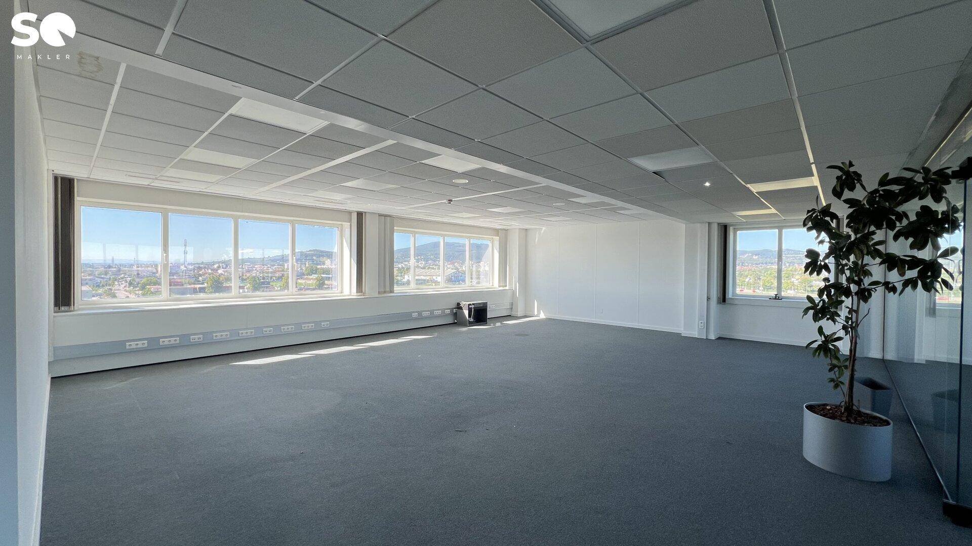 Offener Büroraum mit Teppichboden, Glaswänden und weitem Ausblick auf die Stadt und Umgebung.