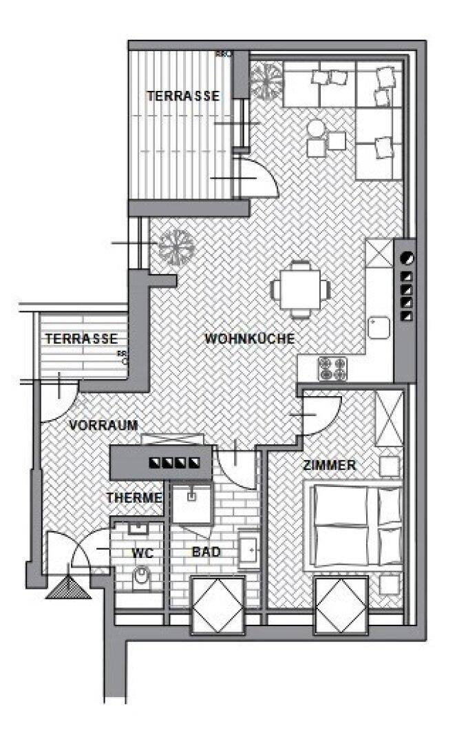 Grundriss einer Wohnung mit Wohnküche, Schlafzimmer, Bad und zwei Terrassenbereichen.