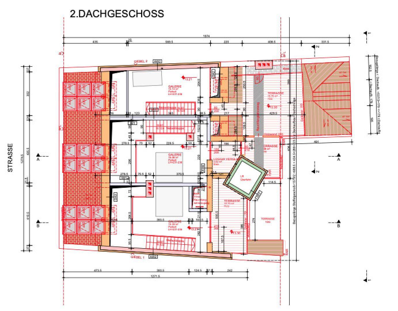 Grundriss des zweiten Dachgeschosses mit Galerie, Loggia und mehreren Terrassenbereichen.