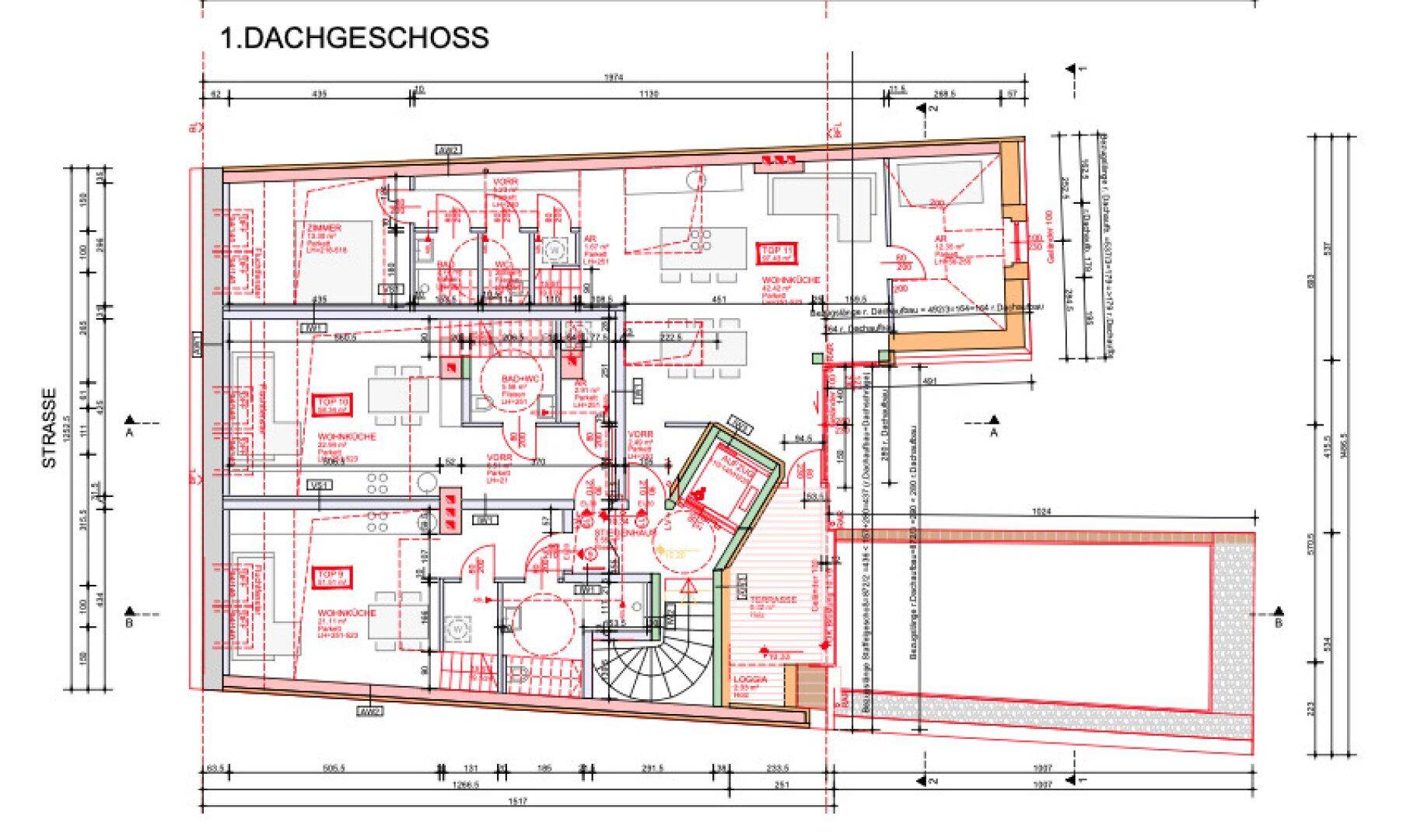 Grundriss des ersten Dachgeschosses mit Wohnbereichen, Bädern und einer Loggia.