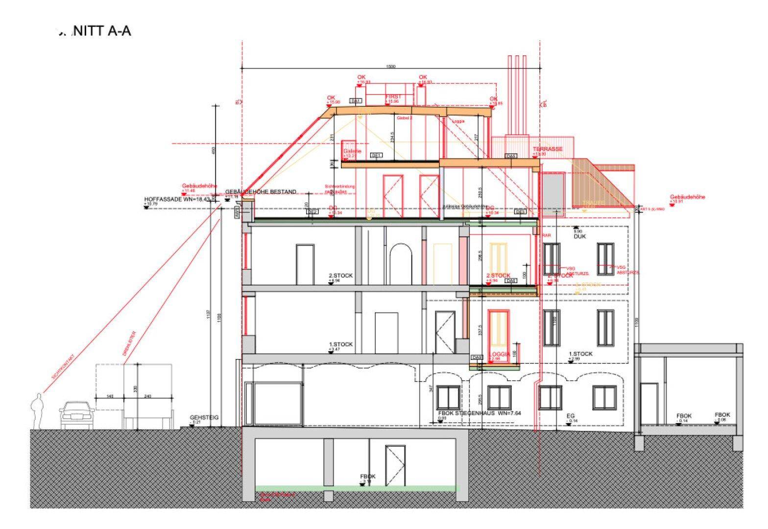 Architektonischer Schnitt A-A zeigt die vertikale Struktur des Gebäudes über mehrere Etagen.