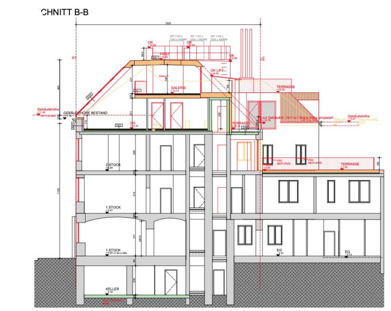Architektonischer Schnitt B-B mit Darstellung der Geschosse, Dachkonstruktion und Keller.
