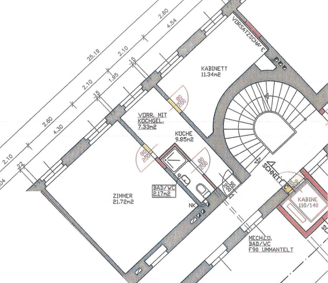 Detaillierter Grundriss einer Wohnung mit Zimmern, Küche und Bad/WC.