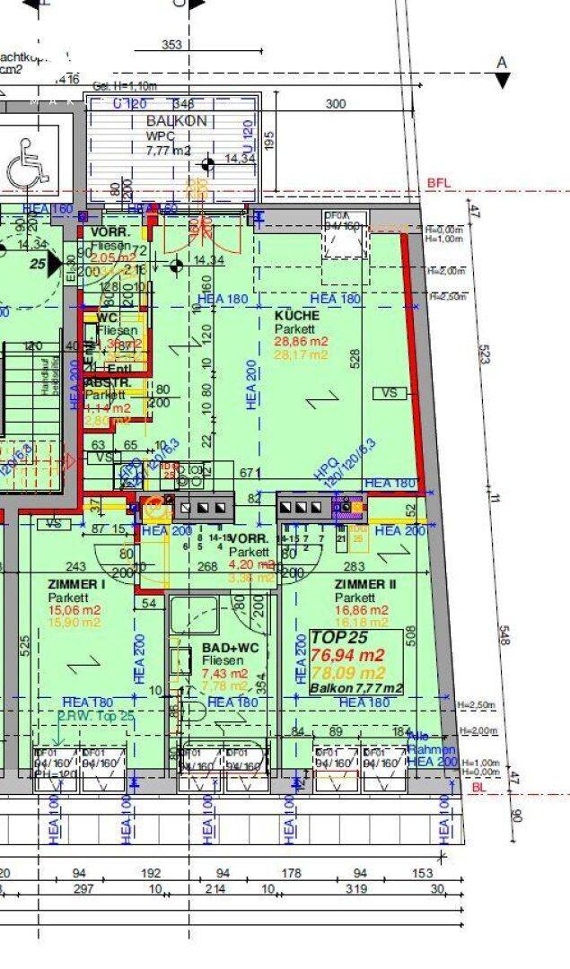 Detaillierter Grundriss einer Wohnung mit zwei Zimmern, Küche, Bad und einem Balkon.