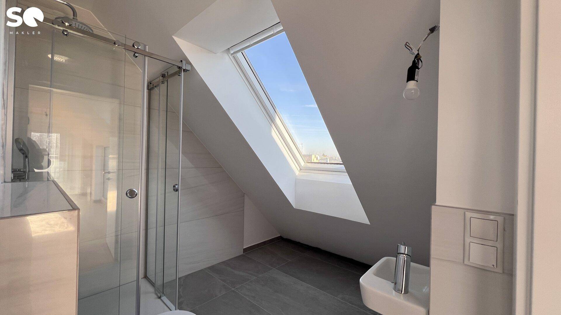 Modernes Badezimmer mit begehbarer Dusche, Bidet und schrägem Dachfenster.