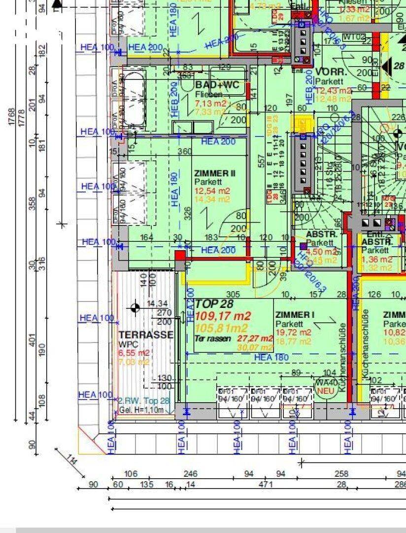 Detaillierter Grundriss der Wohnung mit Terrasse, Badezimmer und mehreren Zimmern.