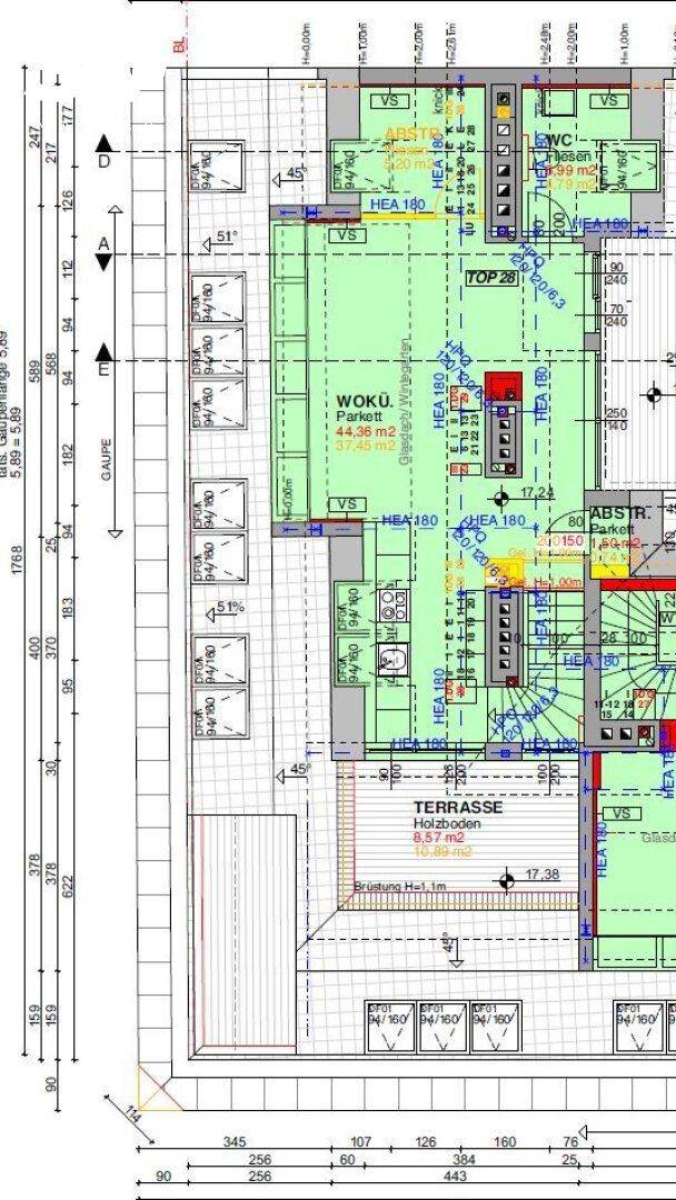 Übersichtlicher Grundriss der Wohnung mit Wohnküche, Terrasse und Abstellraum.