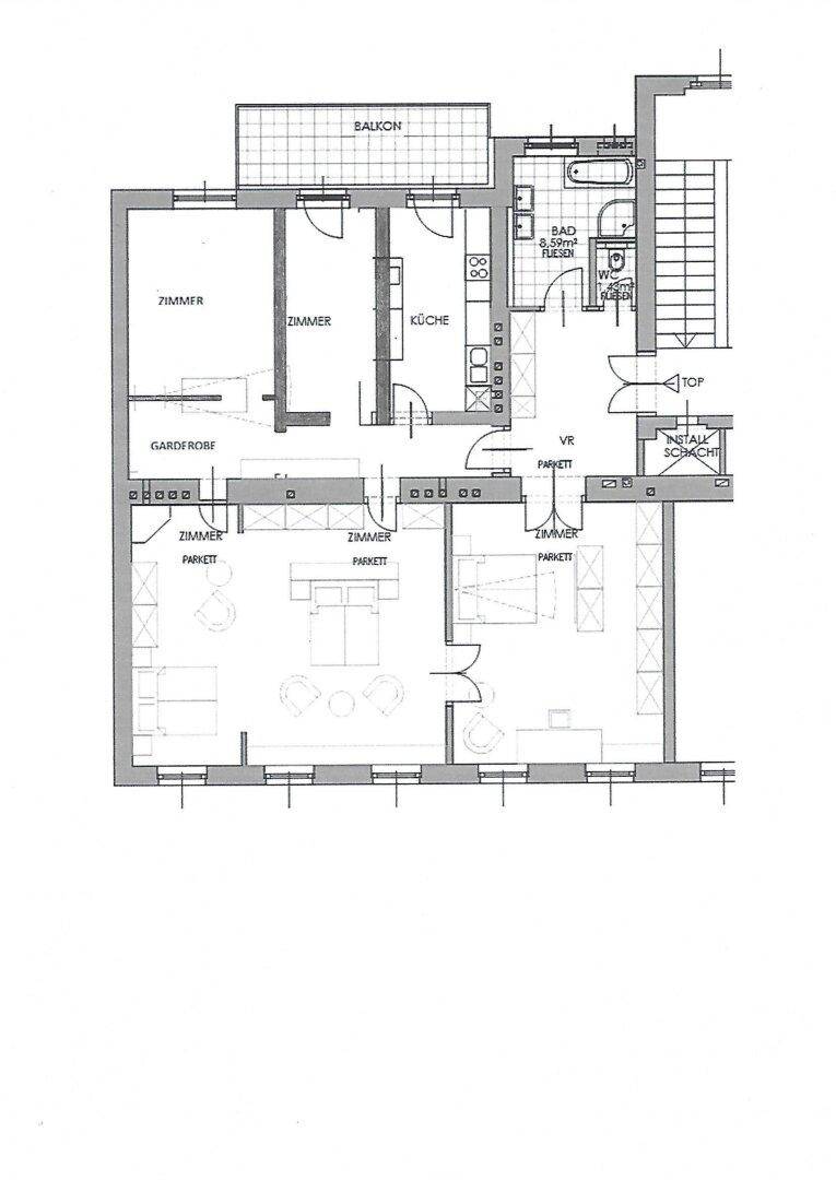 Grundriss der Wohnung mit Balkon, Küche und mehreren Zimmern.