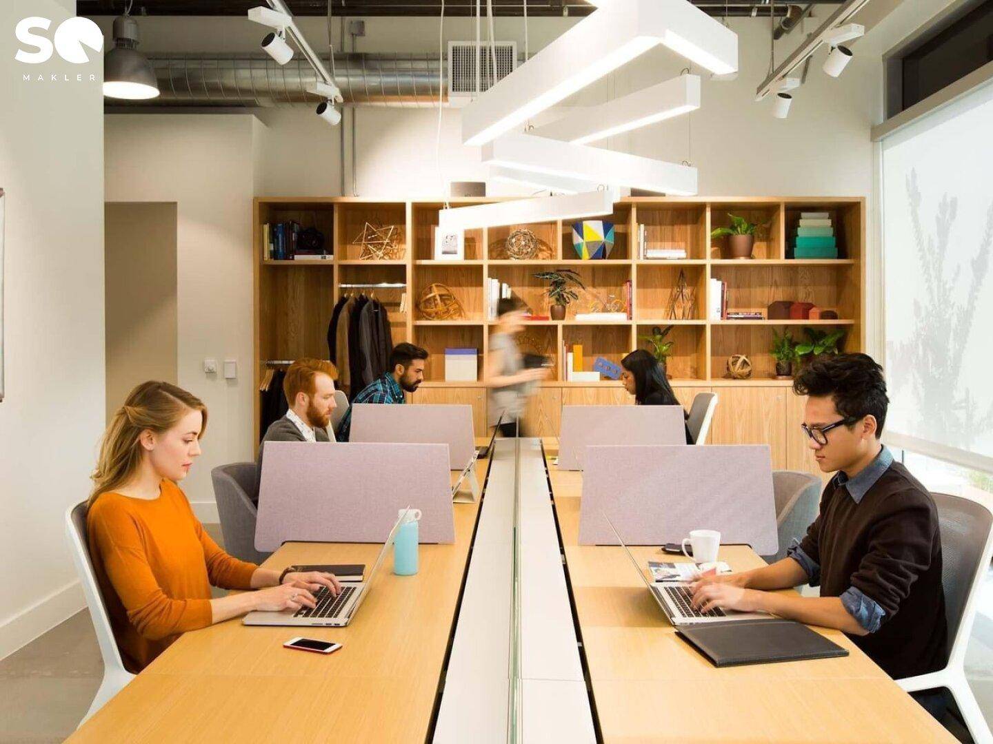 Offenes Büro mit mehreren Arbeitsplätzen, Holzregalen und natürlichem Licht.