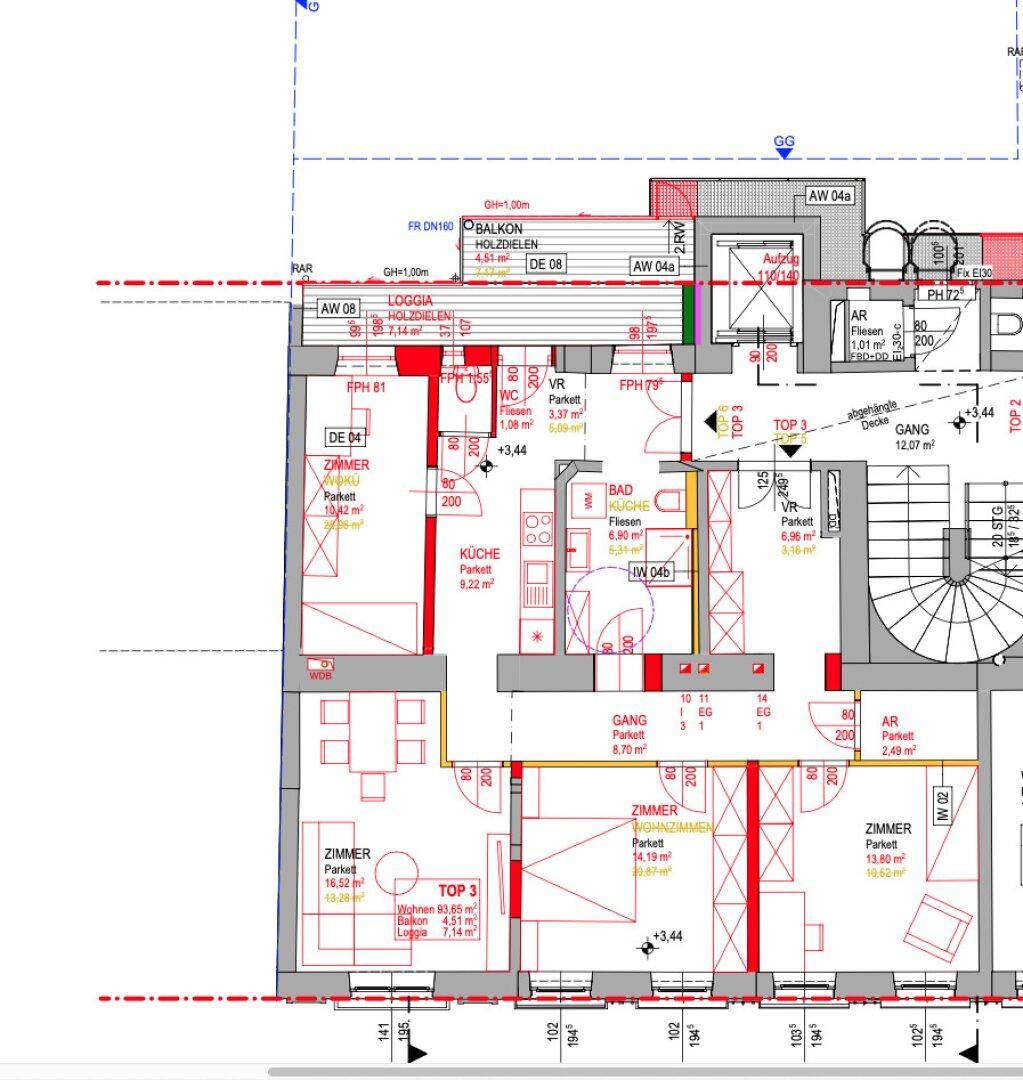 Detaillierter Grundriss mit mehreren Zimmern, einem Balkon und einer Loggia, ideal für eine Familie.