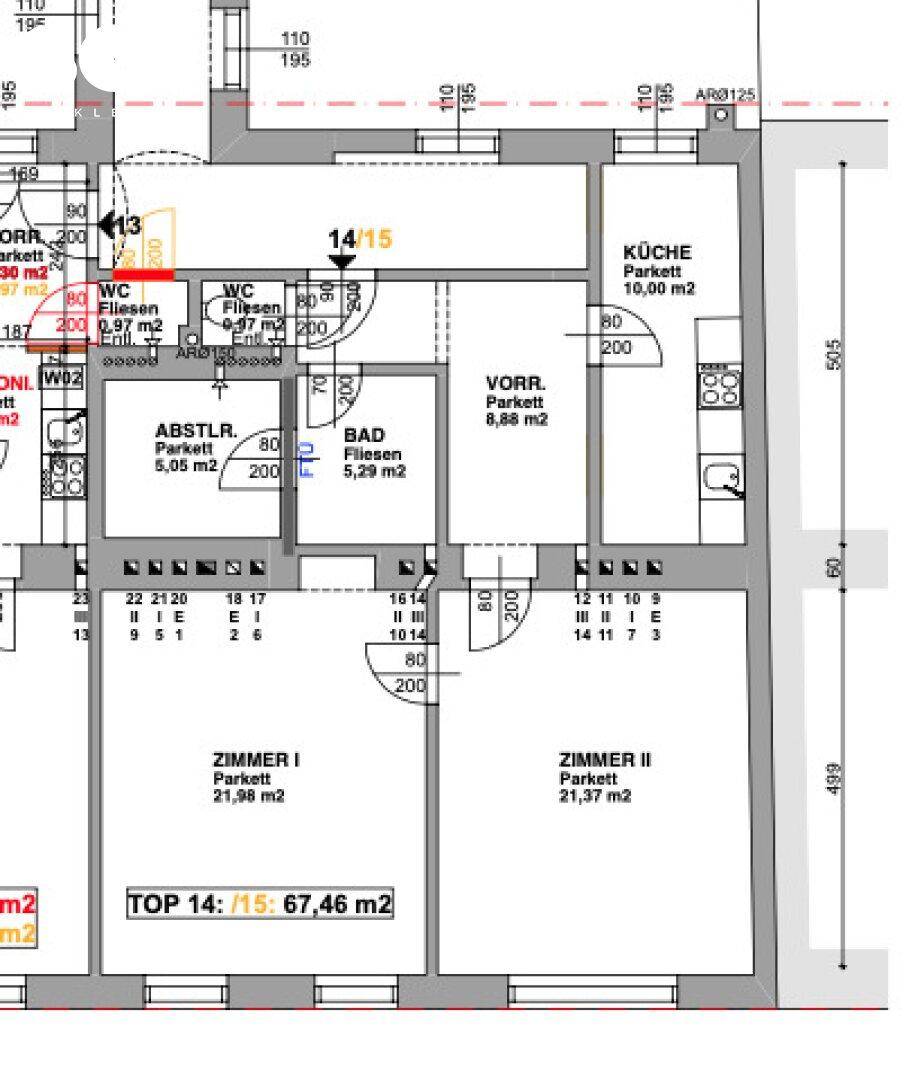 Grundriss einer Wohnung mit drei Zimmern, Küche, Bad und WC, insgesamt 67,46 m².