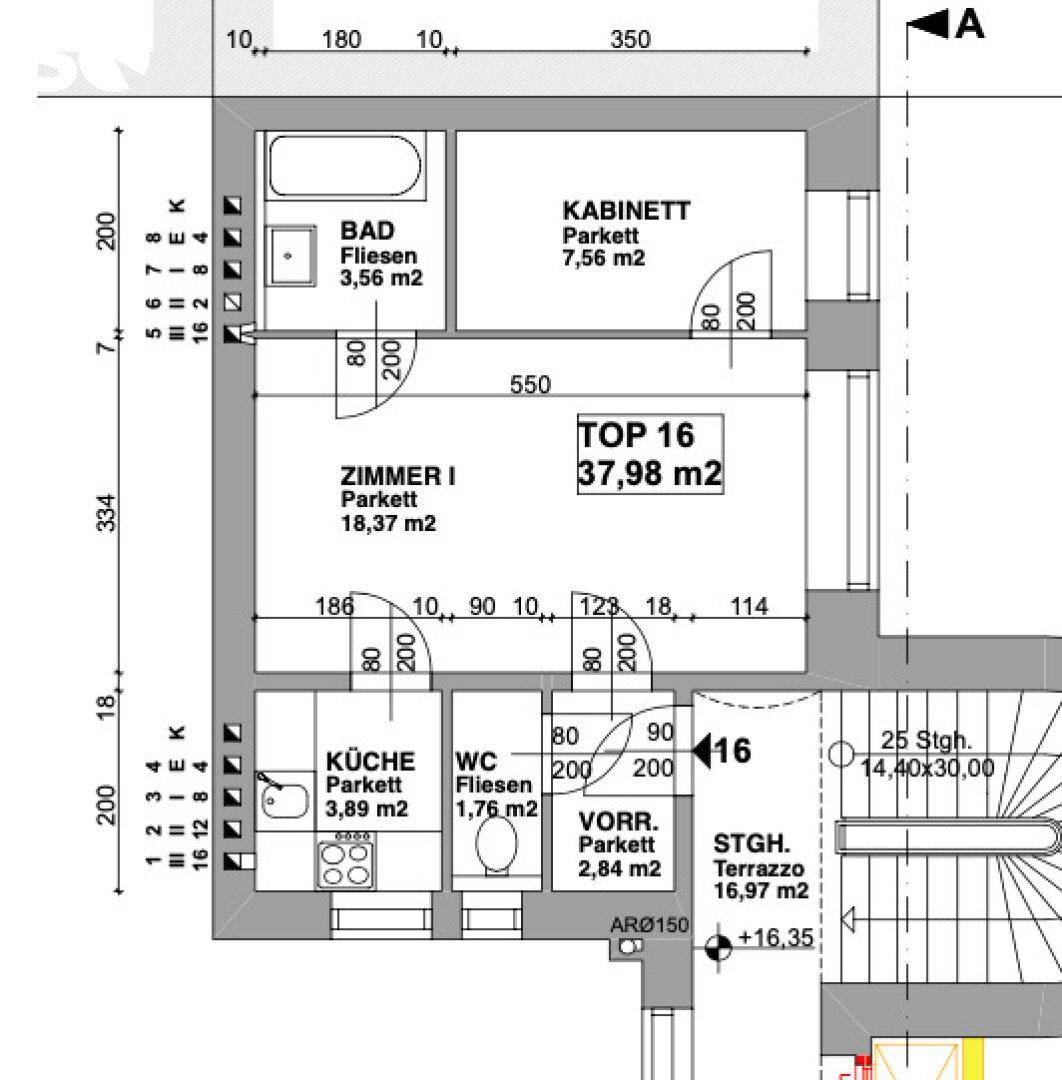 Grundriss der Wohnung Top 16 mit Zimmern, Bad, Küche und Terrasse.