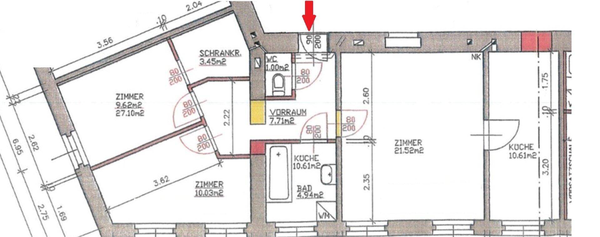Grundriss der Wohnung mit Zimmern, Bad, WC und Küche, inklusive Maßen.