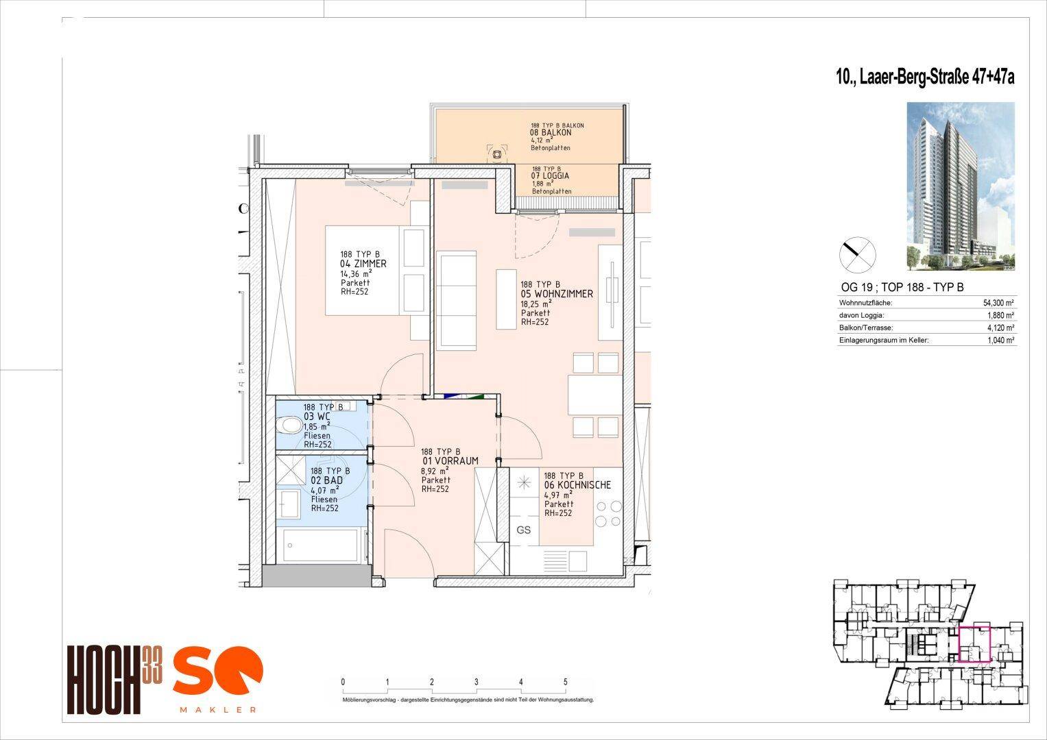 Grundriss einer Wohnung mit zwei Zimmern, Loggia und Balkon.