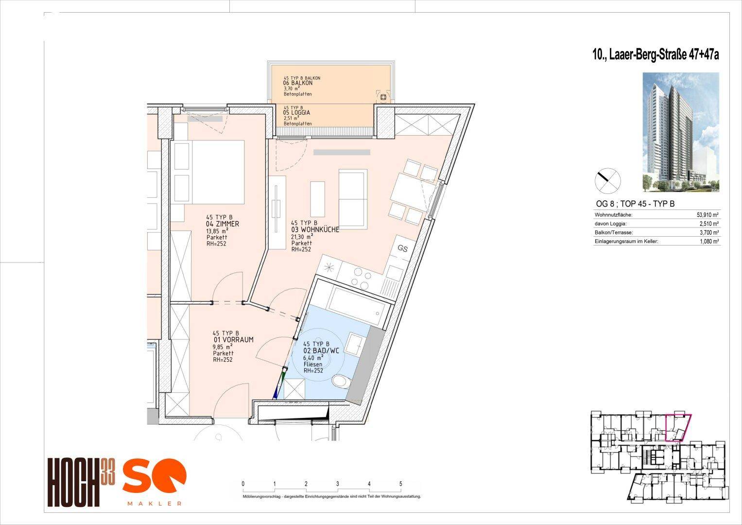 Grundriss einer Wohnung im 8. Obergeschoss mit Balkon und Loggia, inklusive Flächenangaben.