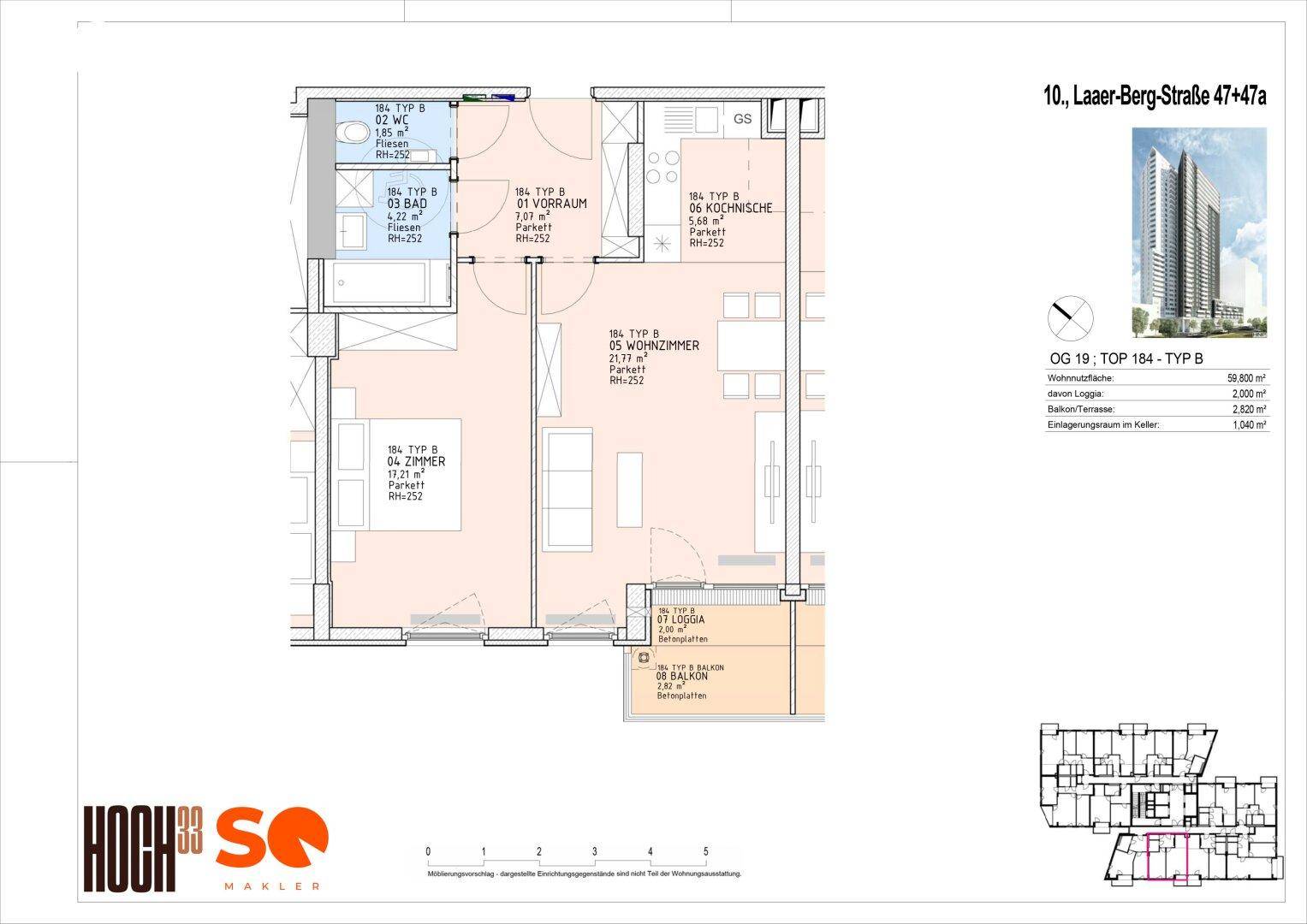 Grundriss einer Wohnung mit Loggia und Balkon, inklusive Raumaufteilung.