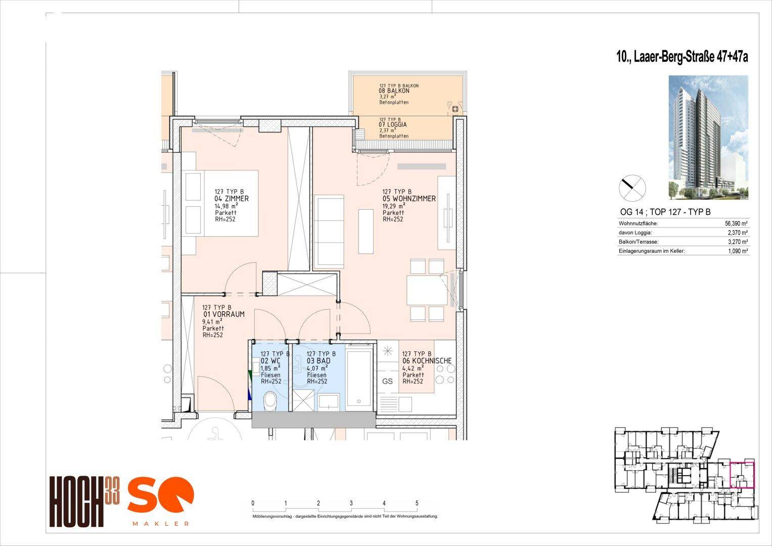 Grundriss einer Wohnung mit Loggia und Balkon, zeigt die Raumaufteilung und Flächen.