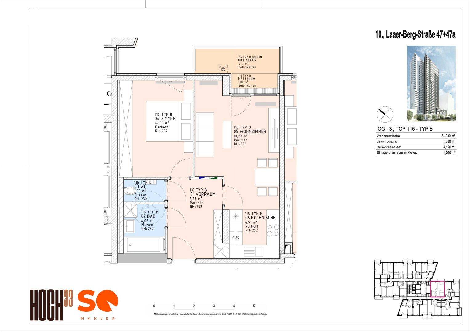 Detaillierter Grundriss einer Wohnung mit Loggia und Balkon, inklusive Gebäudevisualisierung.