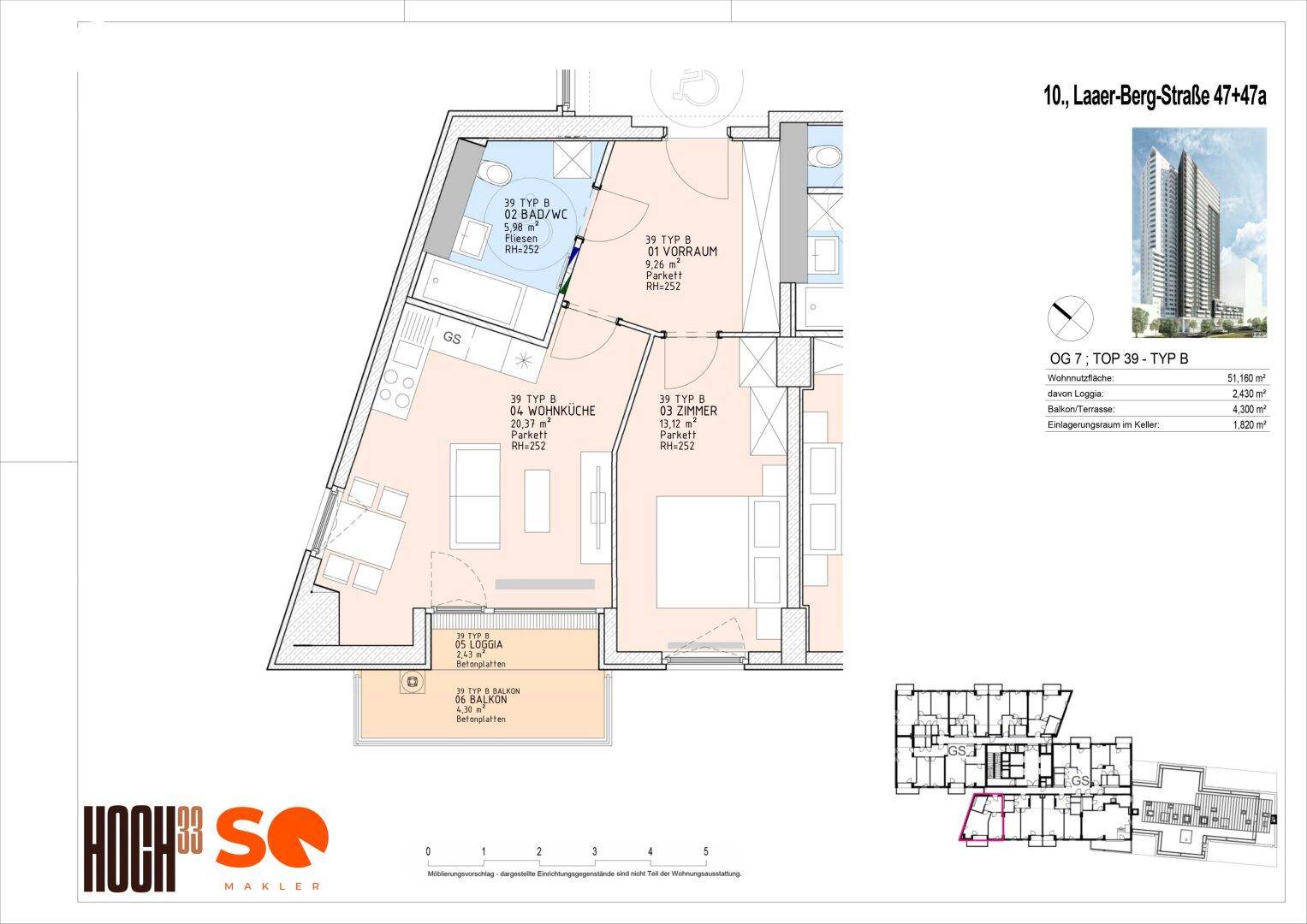 Detaillierter Grundriss einer Wohnung mit Loggia und Balkon, inklusive Raumaufteilung.