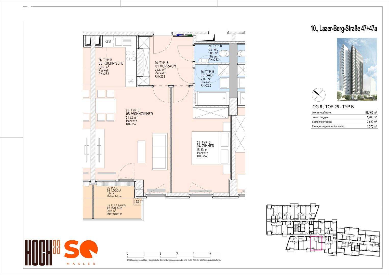 Grundriss der Wohnung OG 6, Typ B, mit Wohnzimmer, Küche und Loggia.
