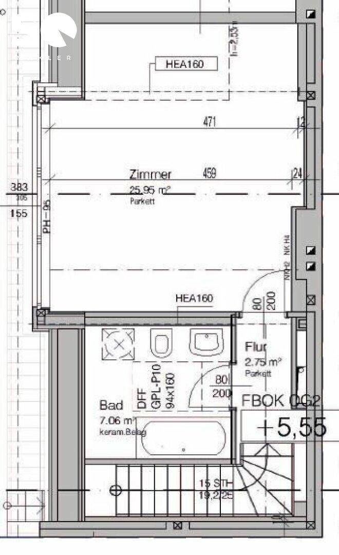 Grundriss der oberen Ebene mit Schlafzimmer, Badezimmer und Flur.