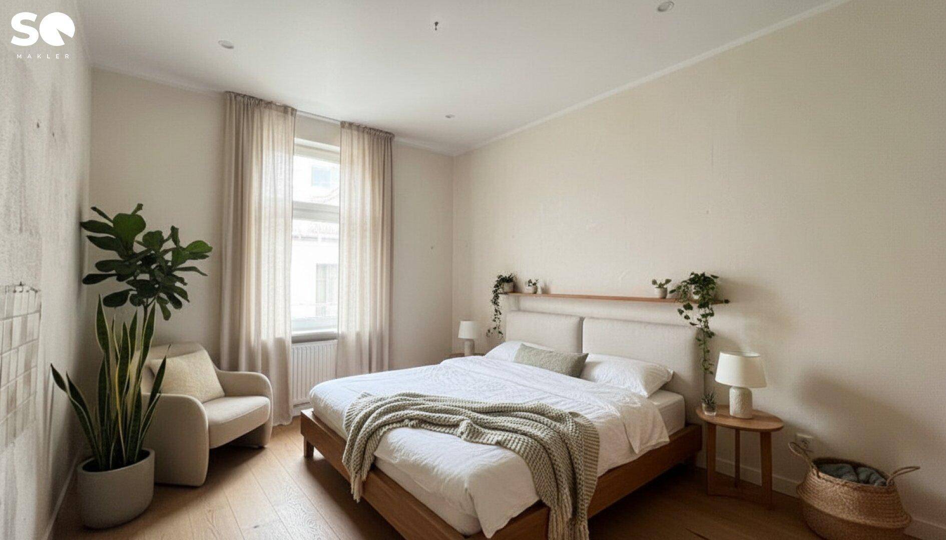 Helles Schlafzimmer mit Doppelbett, Holzboden und einem Fenster mit Vorhängen, modern eingerichtet.