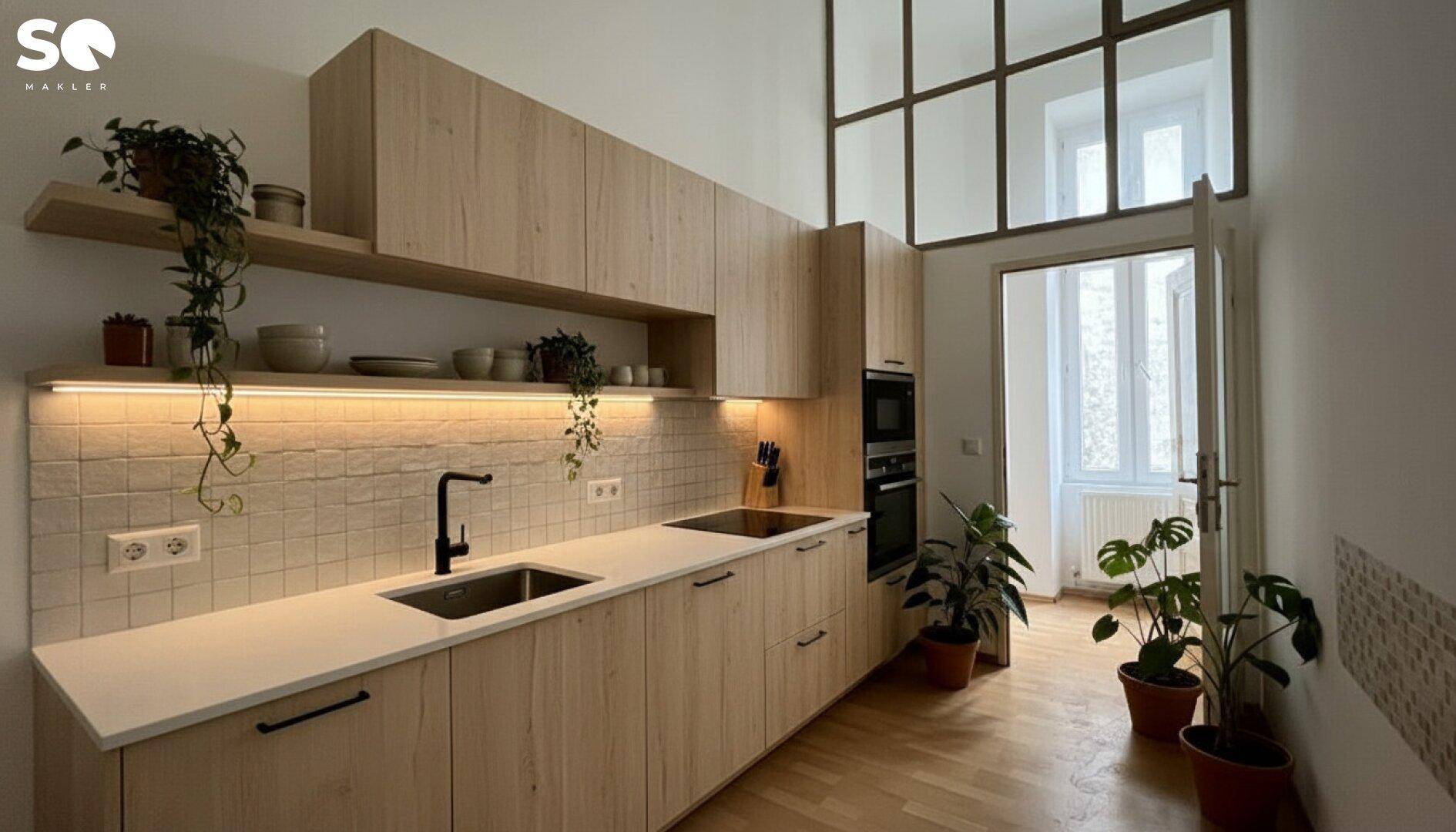Moderne Holzküche mit hellen Fronten, integrierten Geräten und Fliesenrückwand, gut beleuchtet.